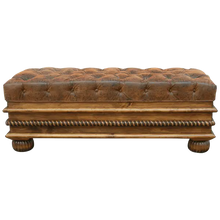 Load image into Gallery viewer, Handcrafted leather storage bench with tufted seat, twist-rope carving, and solid wood base. The Cardenas Bench blends utility with Western-inspired luxury. Customizable.