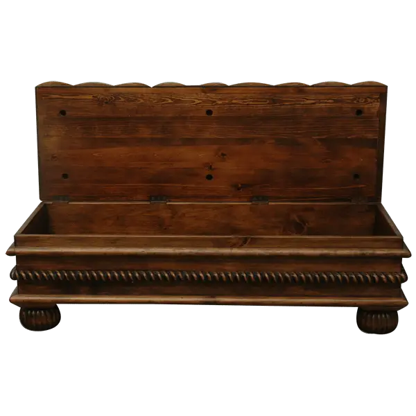 Handcrafted leather storage bench with tufted seat, twist-rope carving, and solid wood base. The Cardenas Bench blends utility with Western-inspired luxury. Customizable.