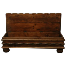 Load image into Gallery viewer, Handcrafted leather storage bench with tufted seat, twist-rope carving, and solid wood base. The Cardenas Bench blends utility with Western-inspired luxury. Customizable.