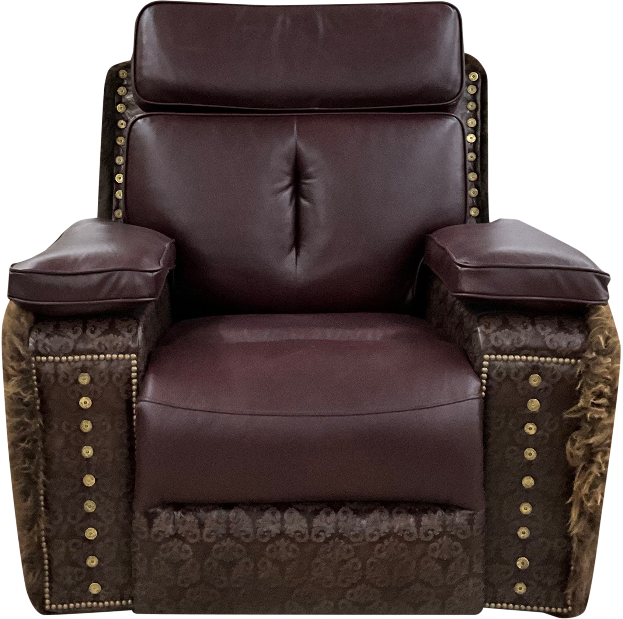 Luxury Western rocker recliner in Fellside Mulberry leather with Lindt Mocha accents and full bison hide wrap. A bold Yellowstone-inspired recliner blending rugged texture with heirloom craftsmanship.