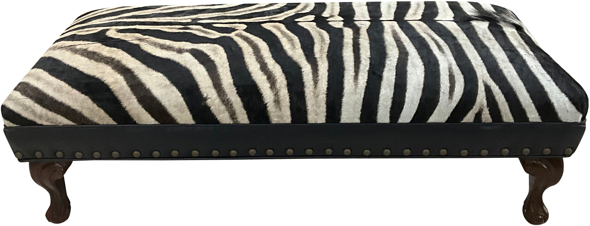 Luxury zebra hide bench with authentic zebra hide seat, Fendi Night leather rail, nailhead trim, and traditional ball-and-claw wood frame. Exotic statement bench 60".