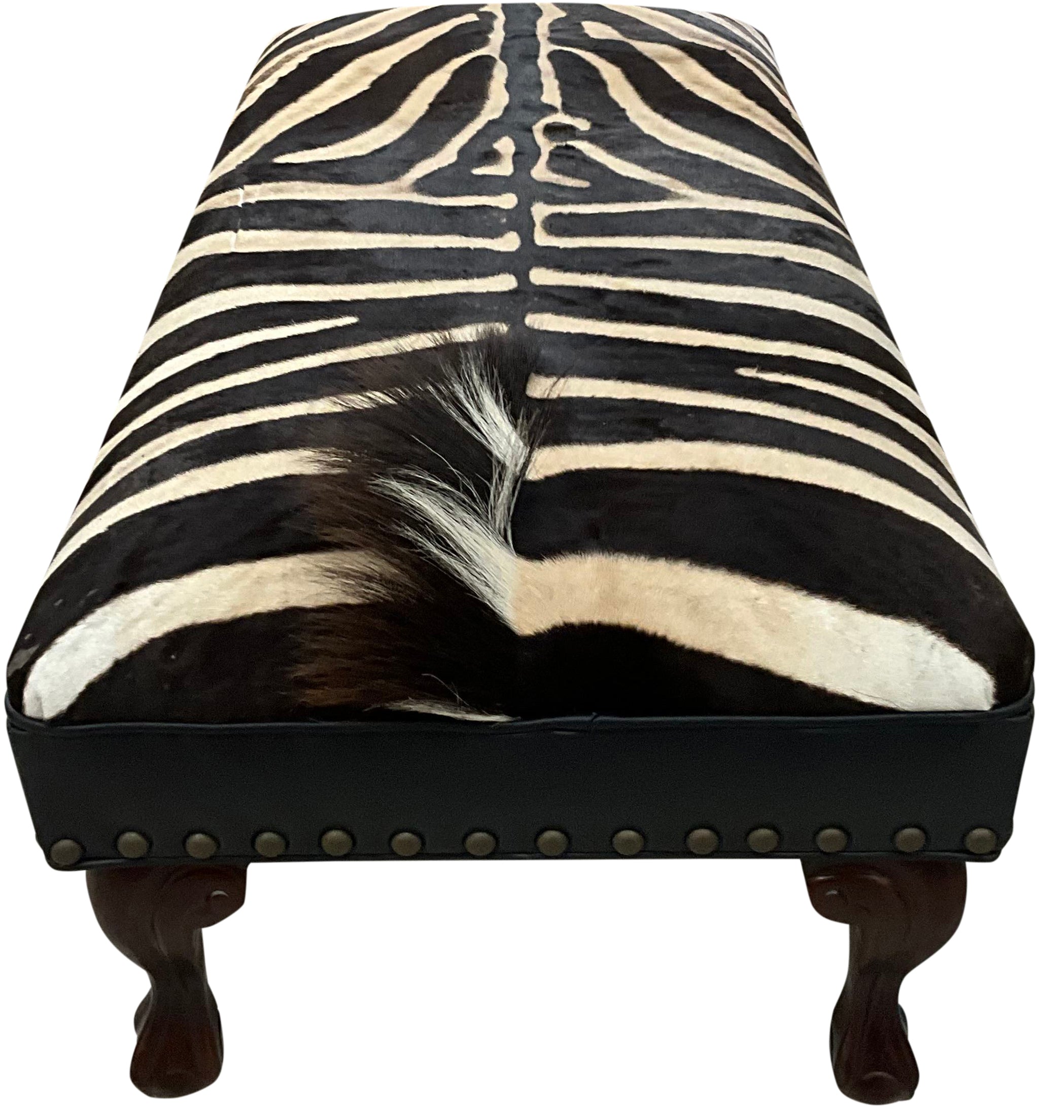 Luxury zebra hide bench with authentic zebra hide seat, Fendi Night leather rail, nailhead trim, and traditional ball-and-claw wood frame. Exotic statement bench 60".