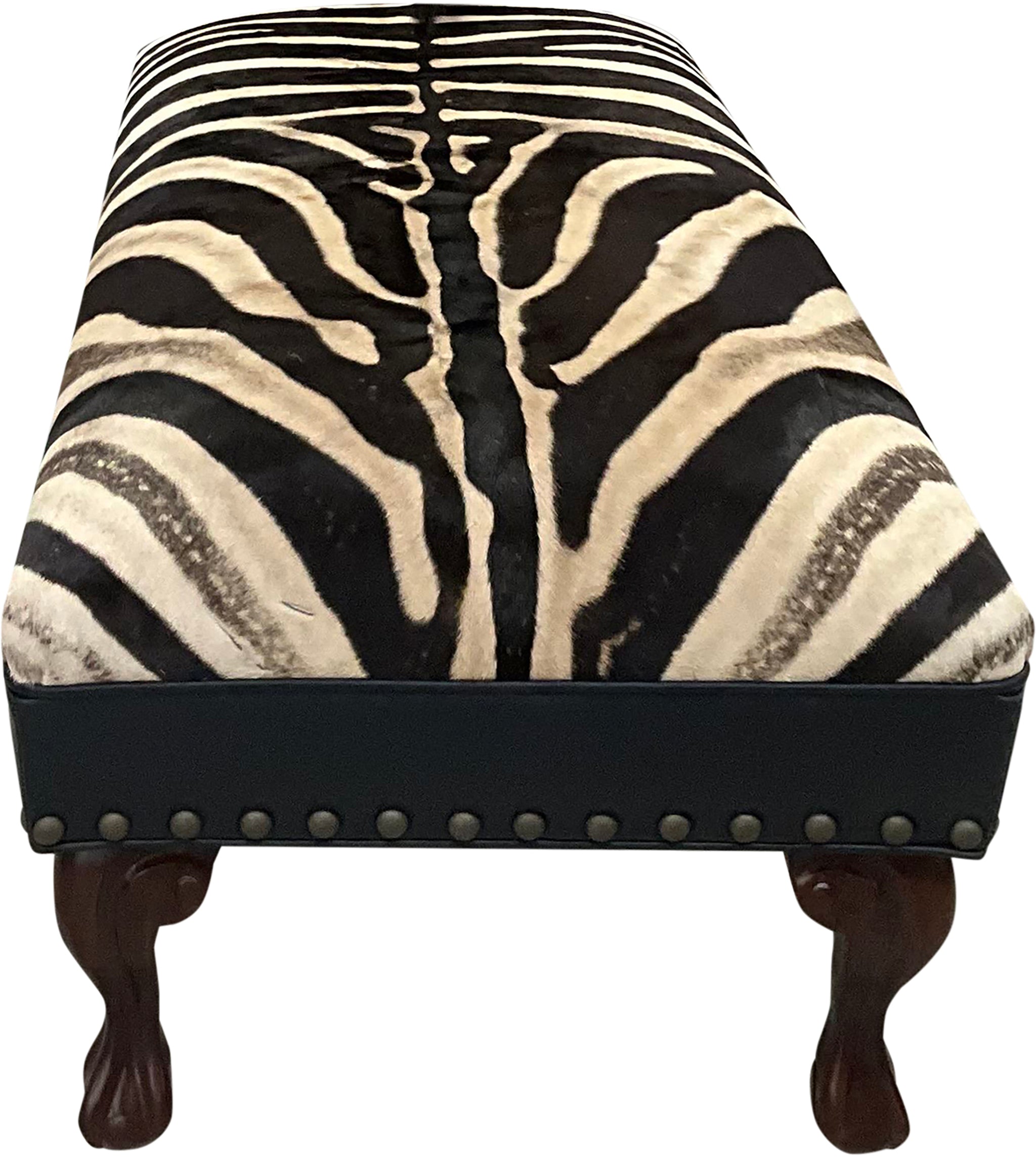 Luxury zebra hide bench with authentic zebra hide seat, Fendi Night leather rail, nailhead trim, and traditional ball-and-claw wood frame. Exotic statement bench 60".