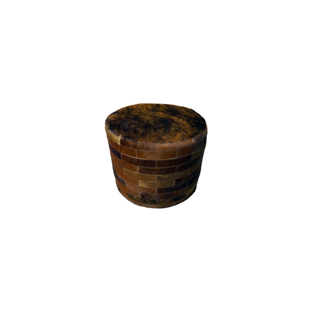 Cowhide Round Patchwork Ottoman - Dark Brown