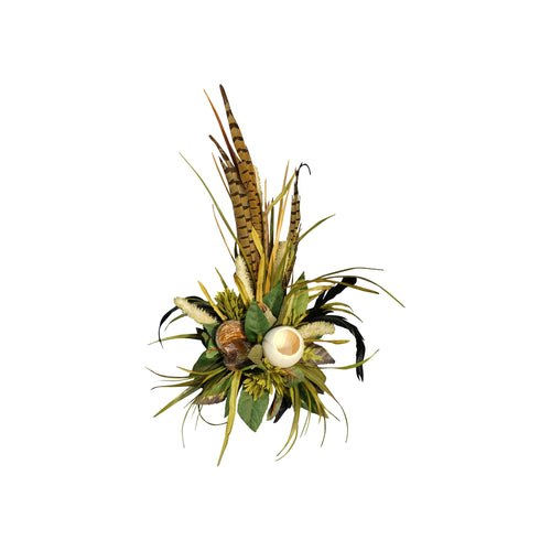 Natural Pod & Greenery Arrangement W/Feather Accents On Tile Center Piece