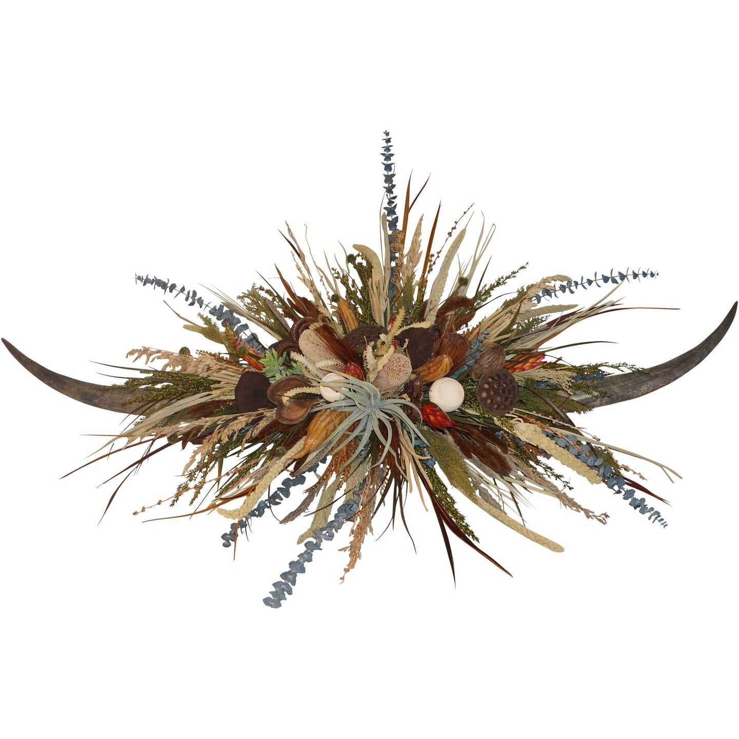 Giant Double Horn W/Red Protea & Natural Pods Centerpiece