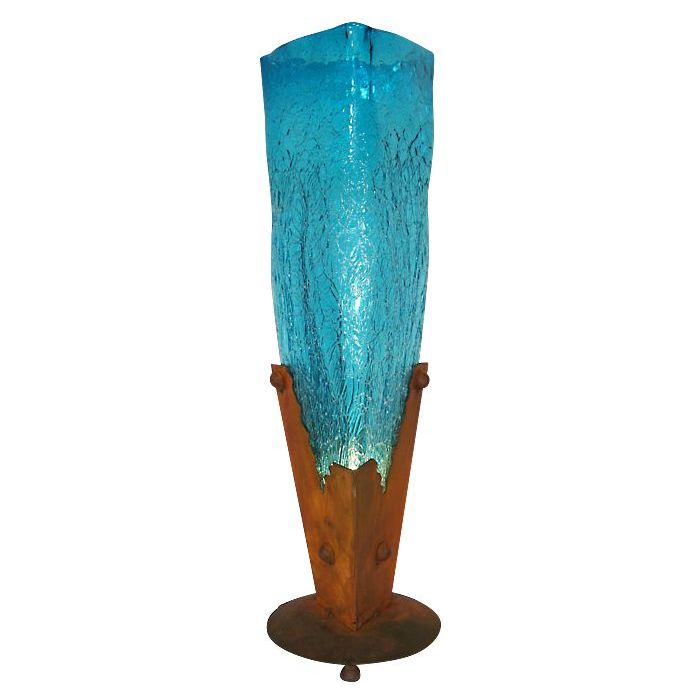 Crackled Triangle Glass Vase w/Iron Base Lamp
