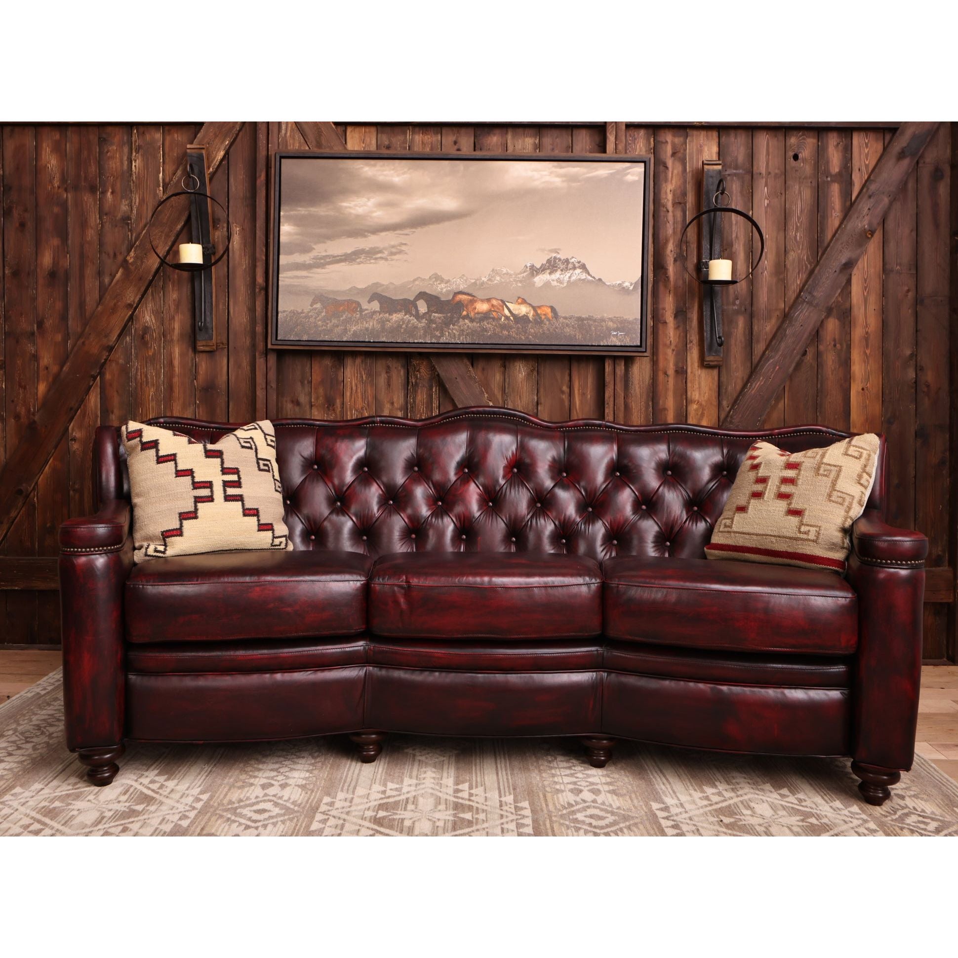 Grand Teton Conversational Tufted Western Red Leather Curved Sofa