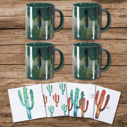 Tossed Feather Bohemian Mug &Saguaro Cactus Coaster Set