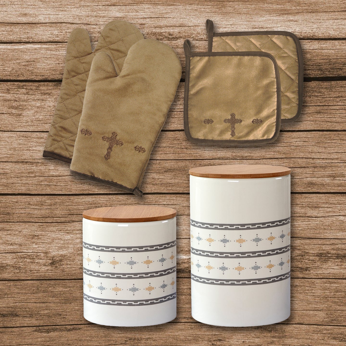 Cross Print and Large Aztec Design Canister & Accessory Set 