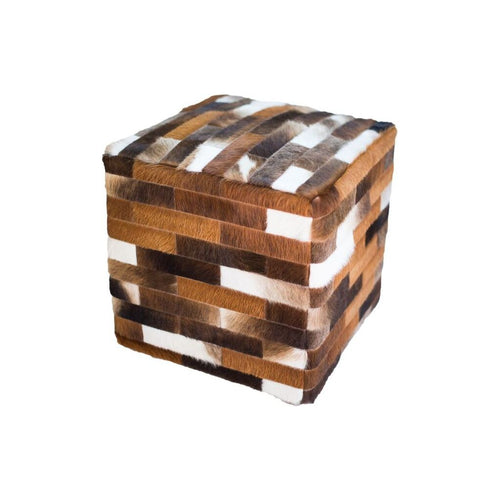 Cowhide Cube Patchwork Ottoman - Dark Brown