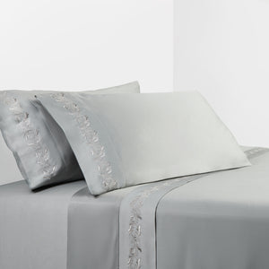 Thread Count Gray Sheet Set With Gray Scroll Embroidery